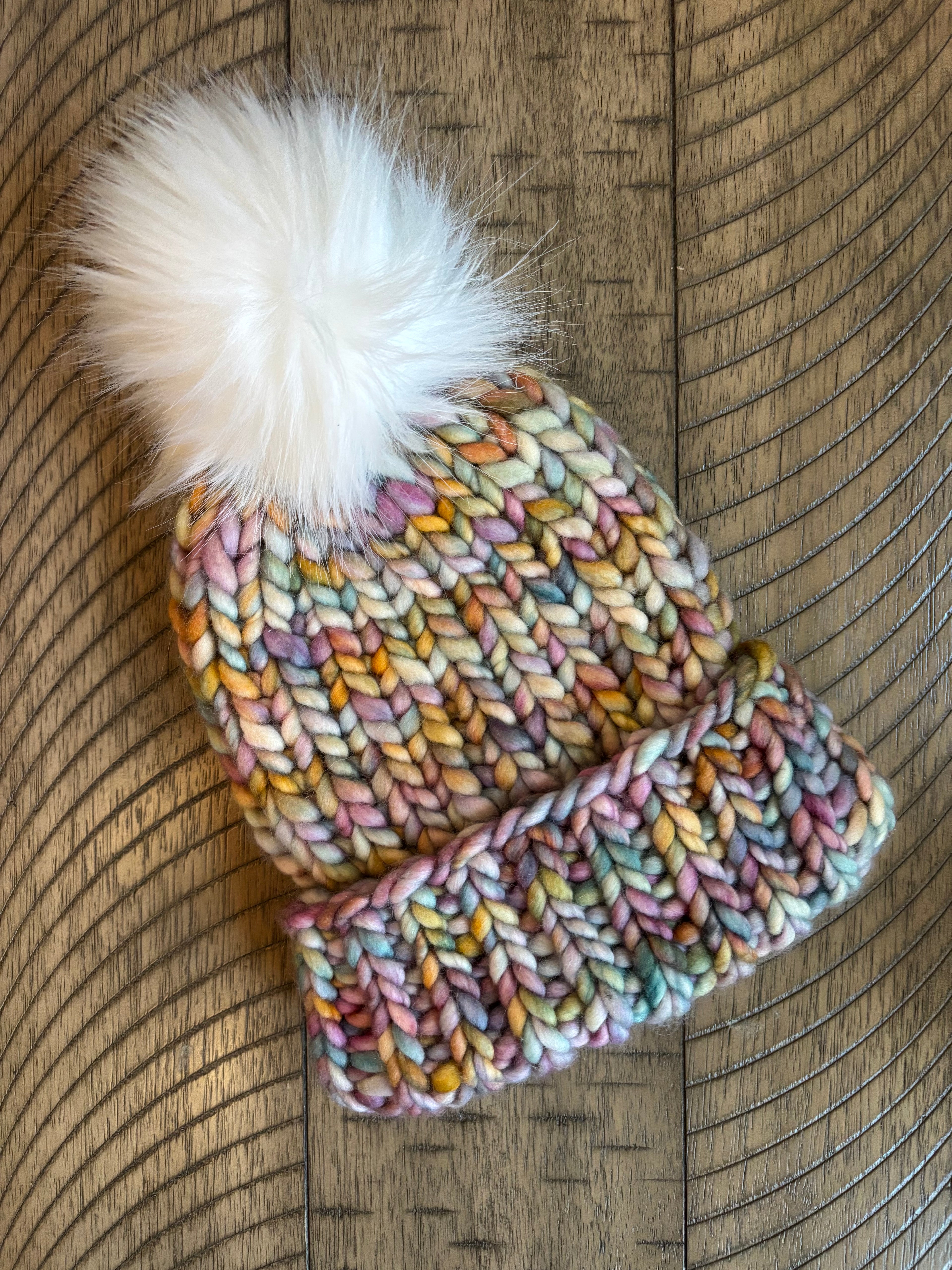 Luxury merino wool fold brim beanie w/faux fur pom