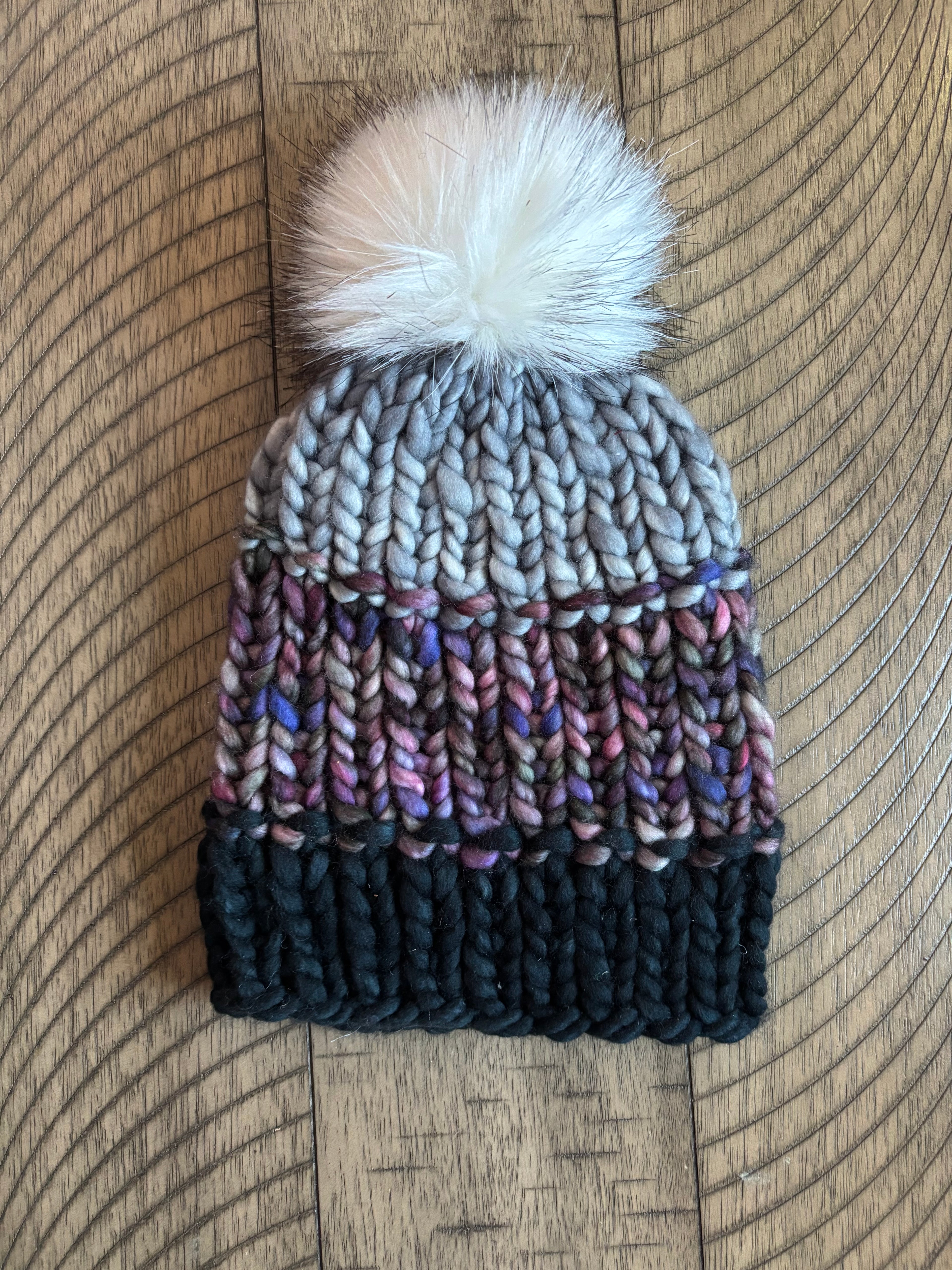 Luxury merino wool beanie - stone/black/ purple multi