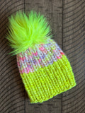 Luxury merino wool kids beanie - pink multi/neon yellow