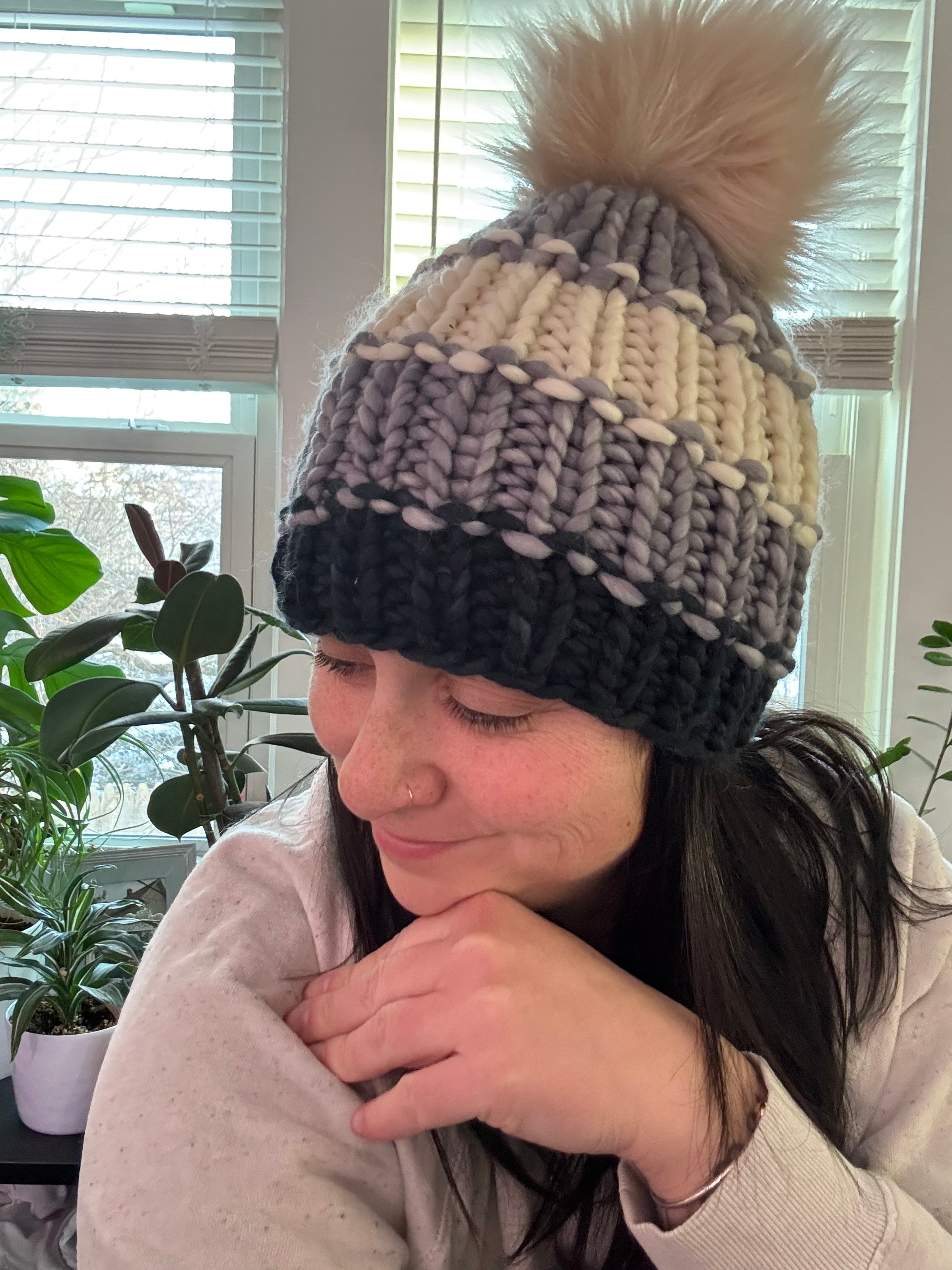 Luxury merino wool color block beanie - black/gray/cream